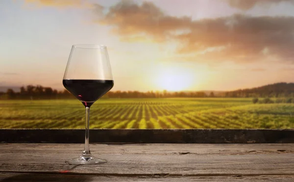 Still life with red wine glass on wooden table over background of panoramic view of lush vineyards at sunset. Tasting, festivals, country lifestyle and winemaking concept — Foto de Stock