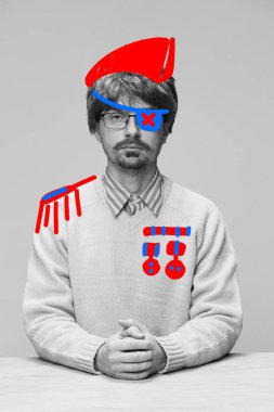 Çağdaş sanat eserleri. Parlak çizimleri ve karalamaları olan yabancı bir gencin tek renkli portresi. Sanat, yaratıcılık, arzu, mizah, karikatür kavramı. Eski, eski tarz