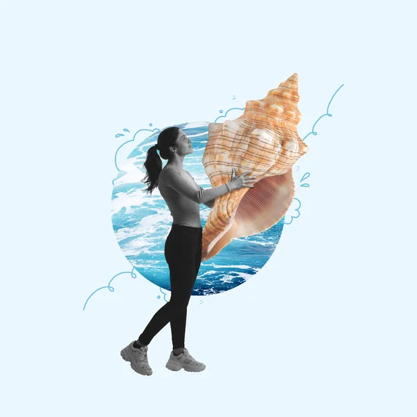 Contemporary art collage. Young girl carries a huge sea shell isolated on light background. Concept of art, creativity, retro style, surrealism — 스톡 사진