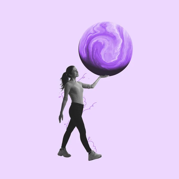 Young girl carries a huge lollipop, candy isolated on light purple background. Concept of art, creativity, retro style, surrealism. Contemporary art collage. — 스톡 사진