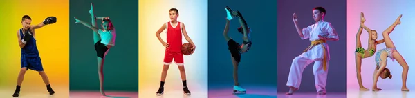 Collage of different little sportsmen in action and motion isolated on multicolored background in neon. Flyer. Sport for kids — Fotografia de Stock