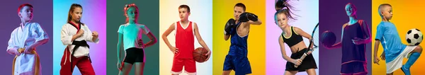 Little champions. Collage of different little sportsmen in action and motion isolated on multicolored background in neon. Flyer. Sport for kids — Foto de Stock