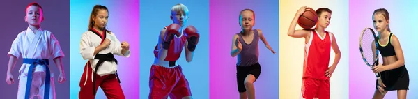 Set of portraits of different little sportsmen in action and motion isolated on multicolored background in neon. Flyer. Sport for kids —  Fotos de Stock