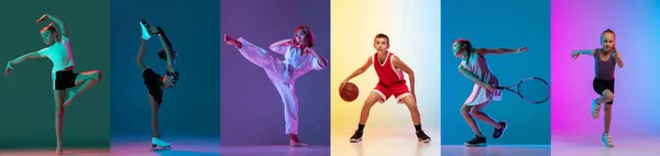 Collage of different little sportsmen in action and motion isolated on multicolored background in neon. Flyer. Sport for kids — Stockfoto