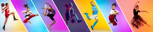 Poster. Different little sportsmen in action and motion isolated on multicolored background in neon. Flyer. Sport for kids — ストック写真