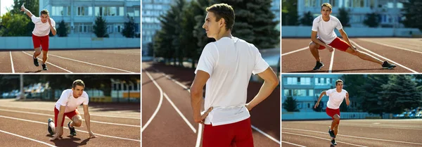 Horizontal poster with images of one Caucasian man, female athlete, runner training at public stadium, sport court or running track outdoors. — 图库照片