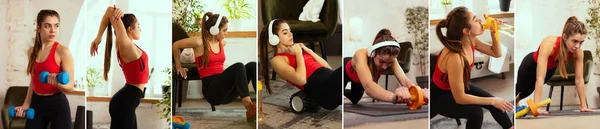 Collage. Young beautiful sportive girl doing exercises with sport equipment at home, indoors. Concept of sport, fitness, aerobic, sporty lifestyle. — Stock Photo, Image