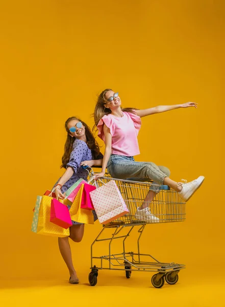Portrait of cool young excited girls go shopping with shopping cart isolated on bright yellow background. Concept of sales, black friday, discount, emotions — Stockfoto