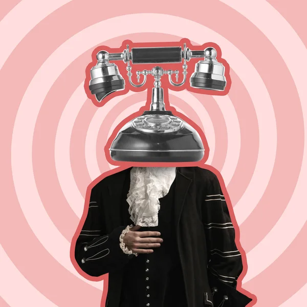Contemporary art collage. Man wearing vintage historical costume and having retro phone head isolated over pink background — Foto Stock