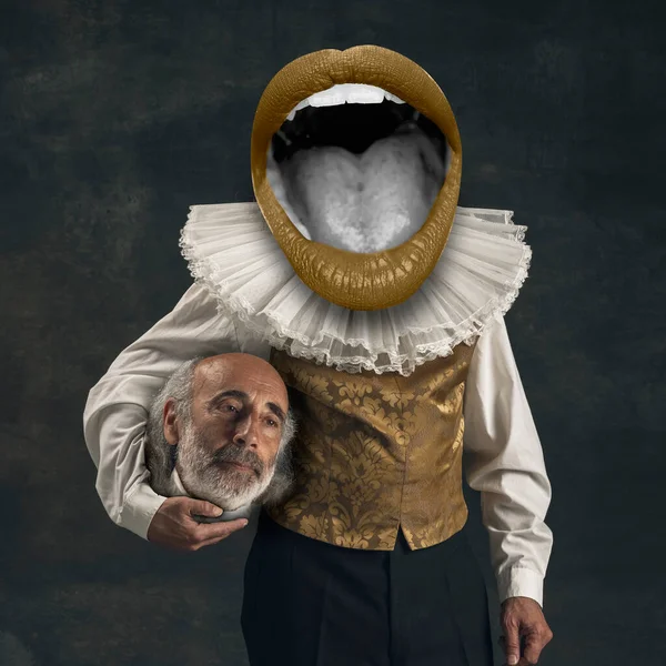 Contemporary art collage. Man in vintage royal person costume and giant mouth, holding his head on hands isolated over dark background
