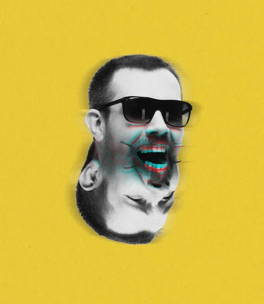 Design moderno. Colagem de arte contemporânea com cabeça masculina e seu reflexo, projeção isolada sobre fundo amarelo. Conceito de psicologia, personalidade dividida, auto-aceitação — Fotografia de Stock