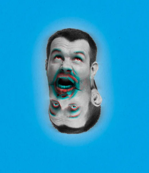 Contemporary art collage with male head and its reflection, projection isolated over blue background. Concept of psychology, split personality, self-acceptance — 图库照片