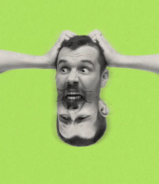 Colagem de arte contemporânea com cabeça masculina e seu reflexo, projeção isolada sobre fundo verde. Conceito de psicologia, crise de meia-idade, auto-aceitação — Fotografia de Stock