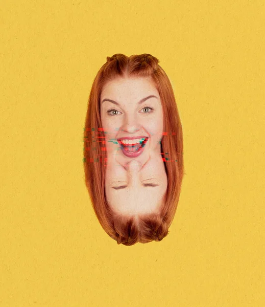 Excited young girls head and its reflection, projection isolated over yellow background. Concept of psychology, inner world, self-acceptance. Contemporary art collage — Fotografia de Stock