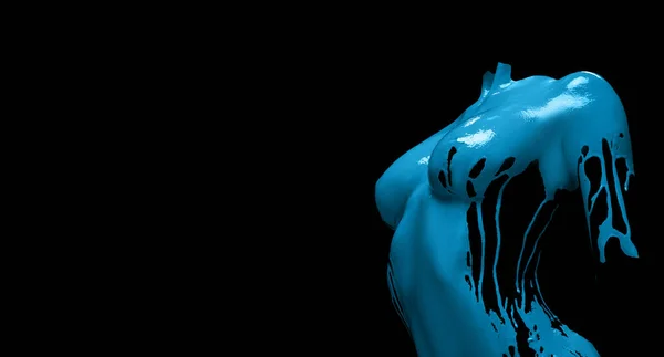 Çağdaş sanat kolajı. Kesilmiş kadın görünmez vücudu, göğüs ve omuzlar siyah arka planda izole edilmiş mavi parlak boyayla kaplı. Sanat anlayışı, güzellik — Stok fotoğraf