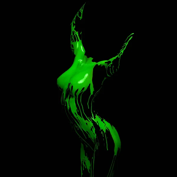 Współczesna sztuka ciała. Niewidzialne kobiece ciało, piersi, ręce i pośladki pokryte zieloną farbą, barwnik wyizolowany na czarnym tle. Pojęcie kreatywności, piękna. — Zdjęcie stockowe