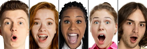 Koláž detailních portrétů mladých překvapených lidí na bílém pozadí. Pojem lidské emoce, výraz obličeje, prodej. — Stock fotografie