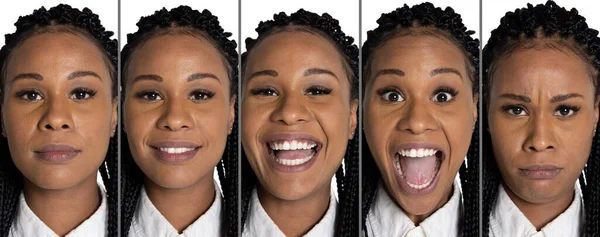 Conjunto de retratos de mujeres jóvenes con diferentes emociones. Primer plano. Expresiones faciales positivas y negativas. Belleza, arte, moda —  Fotos de Stock
