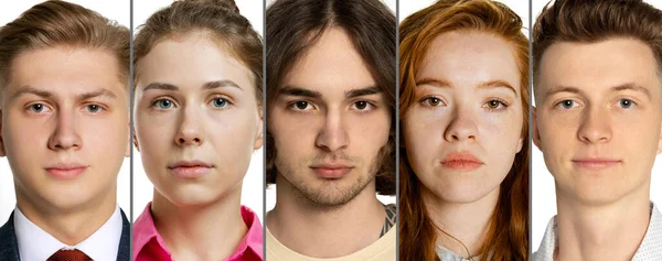 Conjunto de retratos de cerca de jóvenes y hombres serios sobre fondo blanco. Concepto de emociones humanas, expresión facial, ventas. — Foto de Stock