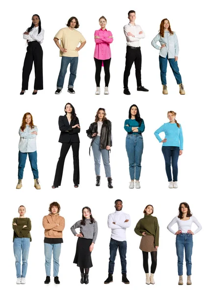 Collage mit Porträts junger glücklicher, multiethnischer Menschen, Männer und Frauen, die isoliert vor weißem Hintergrund stehen. Plakat, Flyer, Banner. — Stockfoto