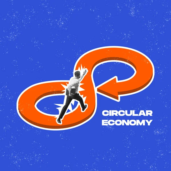 Сучасне мистецтво колаж. Бізнесмен, що працює на стрілці, символізує кругову економічну ілюстрацію ізольовано на синьому фоні — стокове фото