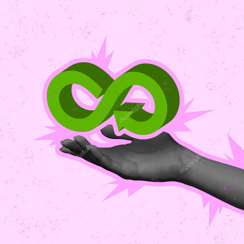 Contemporary art collage. Hand holding arrow, symbol of circular economy isolated on pink background. Recycling existing materials and products. Cocept of economy, statistics, production, consumption