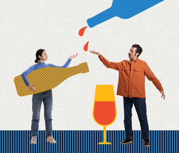 Collage de arte contemporáneo. Inspiración, idea, estilo moderno de revista urbana. Jóvenes yendo a fiestas de alcohol, bebiendo vino, divirtiéndose —  Fotos de Stock