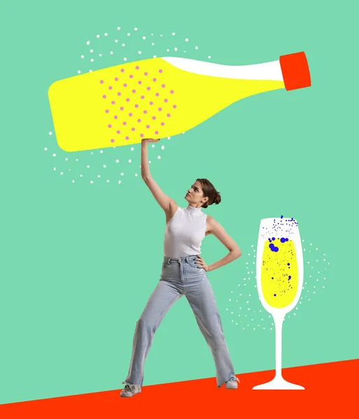 Collage de arte contemporáneo. Inspiración, idea, estilo moderno de revista urbana. Chica joven levantando enorme botella de vino dibujado sobre su cabeza aislado sobre fondo brillante —  Fotos de Stock