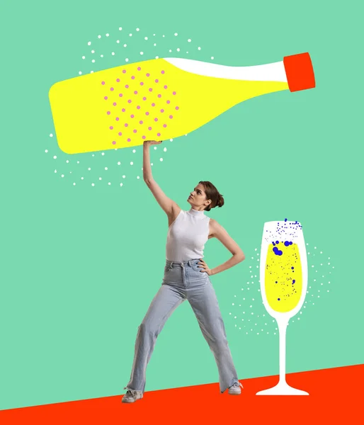 Contemporary art collage. Inspiration, idea, trendy urban magazine style. Young girl raising huge drawn wine bottle over her head isolated on bright background
