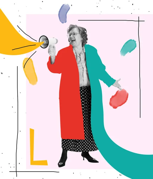 Bright contemporary art collage. Ideas, vintage, retro style, imagination. Senior woman shouting at megaphone on abstract background with drawings. — Stock Photo, Image