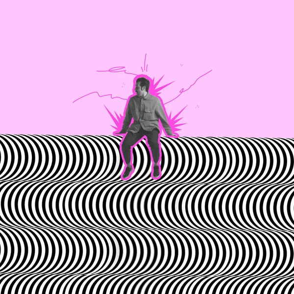 Contemporary art collage. Man sitting on black and white optical illusion design, pattern over pink background. Optical illusion concept — Stock Photo, Image