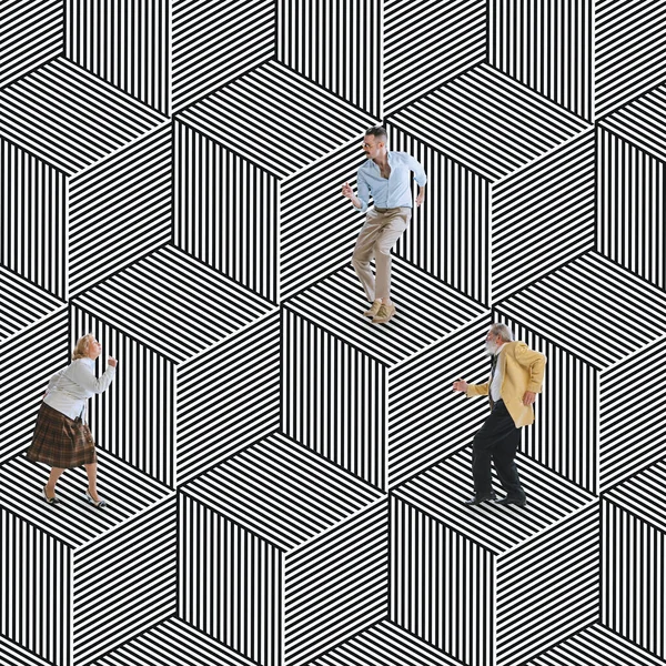 三个人在黑白光学错觉设计的背景下跳摇滚，彼此隔离。光学幻象、当代艺术、超现实主义、创意概念 — 图库照片
