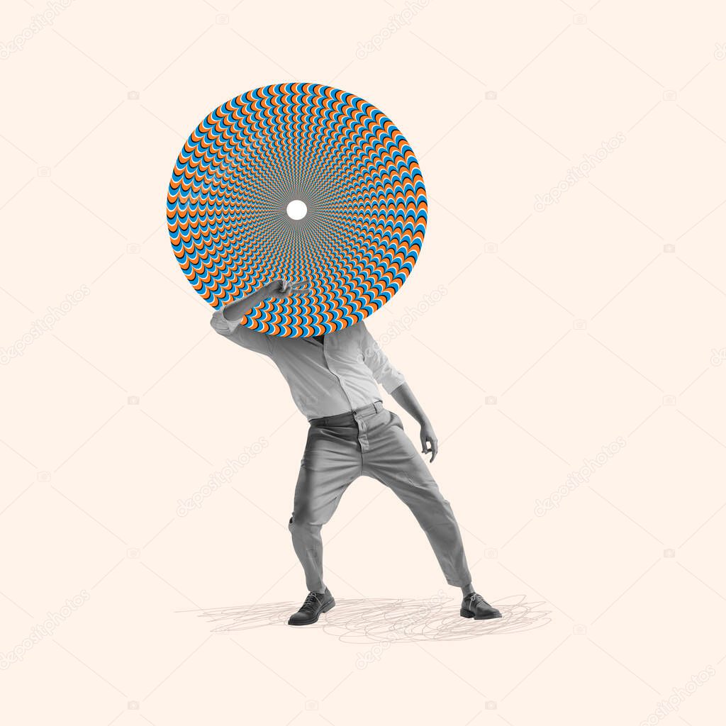 Contemporary art collage. Dancing man with optical illusion design circle instead head symbolizing cycle of events in life. Optical illusion concept