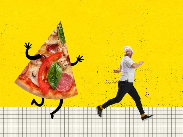Collage med chockad kock, kock man i uniform kör bort från enorma skiva pizza isolerad på gul bakgrund. Begreppet arbete, yrke, humor. — Stockfoto