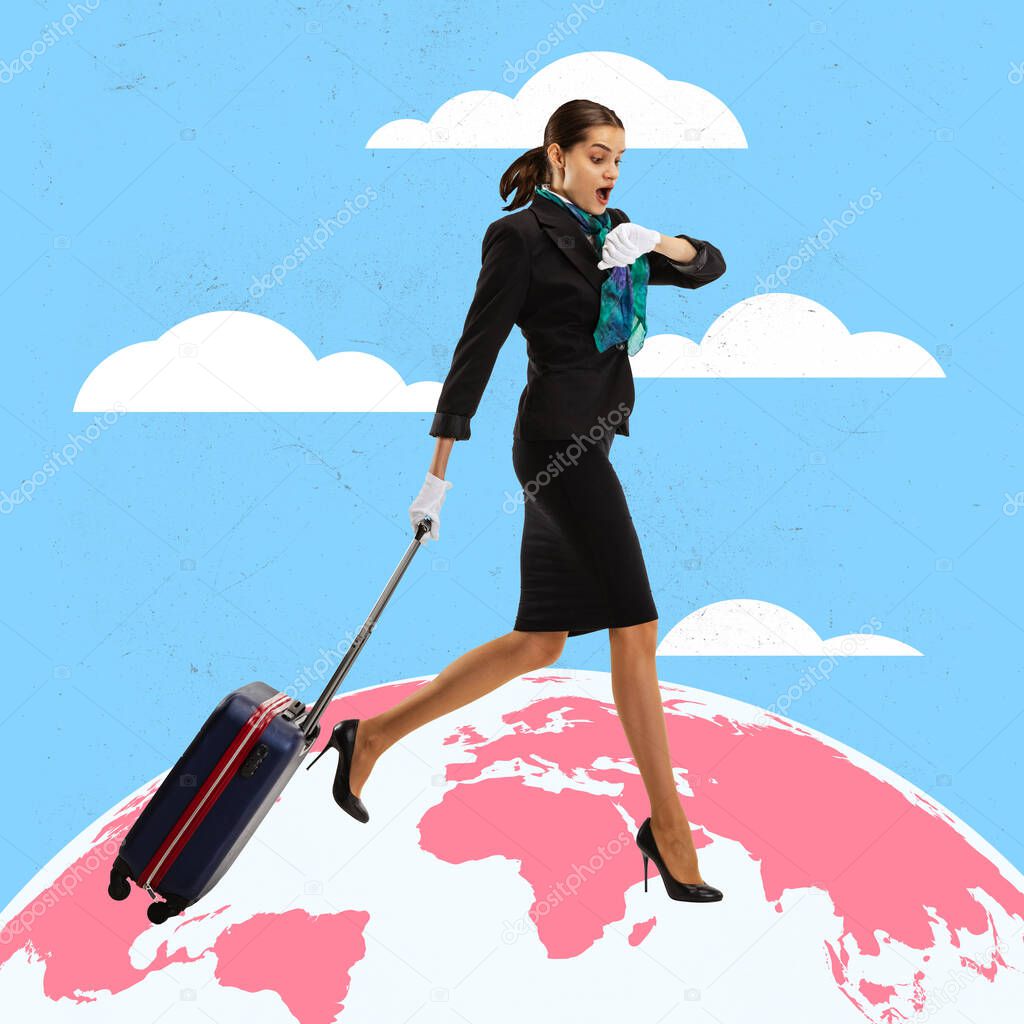 Art collage with beautiful young woman, flight attendant running with suitcase isolated on cloudy sky background.