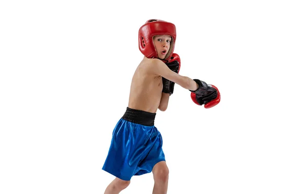 Porträtt av liten pojke, unge i boxerhandskar och shorts träning isolerad på vit studio bakgrund. Begreppet idrott, rörelse, studier, prestationer livsstil. — Stockfoto
