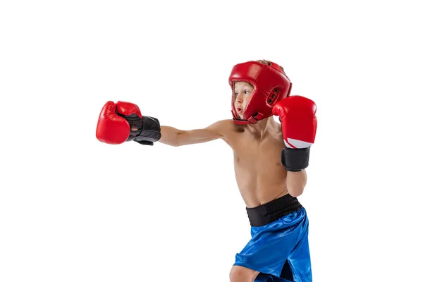 Retrato de niño pequeño, niño con guantes de boxeador y pantalones cortos entrenando aislado sobre fondo blanco del estudio. Concepto de deporte, movimiento, estudio, logros estilo de vida. —  Fotos de Stock