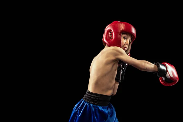 Retrato dinâmico de menino esportivo, criança em luvas de boxeador e shorts praticando isolado em fundo escuro. Conceito de esporte, movimento, estudo, conquistas, estilo de vida ativo. — Fotografia de Stock