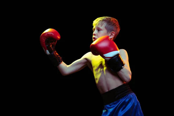 Pequeño chico deportivo, boxeador principiante con guantes de boxeador rojo y pantalones cortos entrenando aislado sobre fondo oscuro. Concepto de deporte, movimiento, estudio, logros, estilo de vida activo. — Foto de Stock