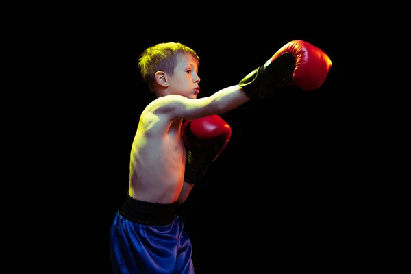 Pequeño chico deportivo, boxeador principiante con guantes de boxeador rojo y pantalones cortos entrenando aislado sobre fondo oscuro. Concepto de deporte, movimiento, estudio, logros, estilo de vida activo. —  Fotos de Stock