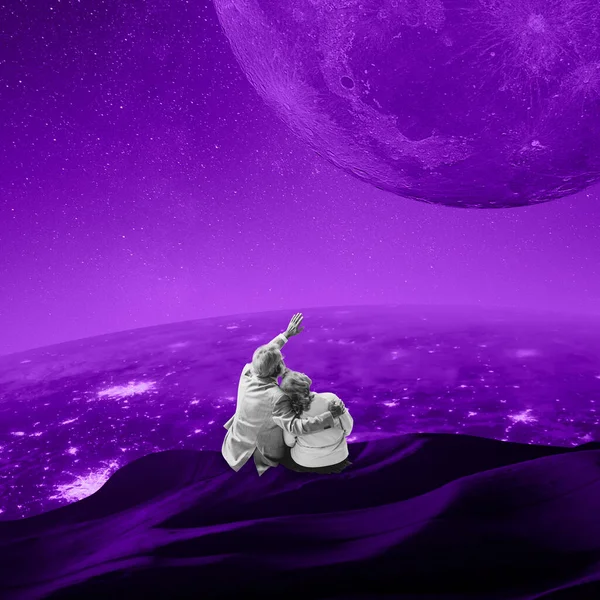 Contemporary art collage. Lovely elderly couple sitting on rock at night, looking at unknown planet and stars on purple background. Romantic date
