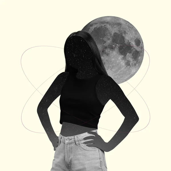 Silhouette eines unbekannten Mädchens isoliert auf unbekannten Planeten Hintergrund. Monochrom. Collage zeitgenössischer Kunst. — Stockfoto