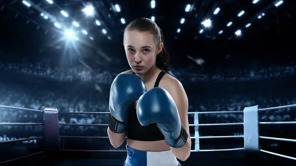 Collage with young sportive girl, professional boxer in boxing gloves standing in flashlights over dark drawn boxing ring background. Concept of sport, studying, competition — Stock Photo, Image