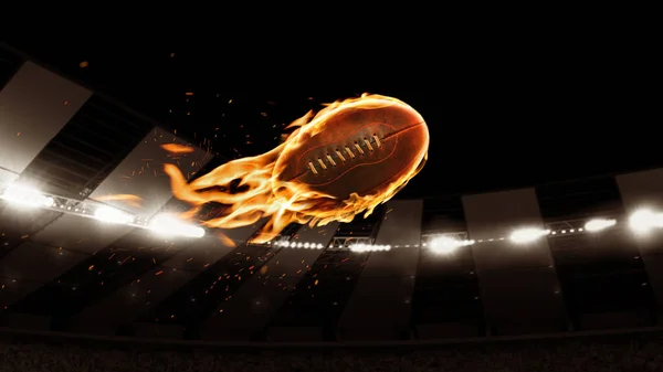 Flygning av amerikansk fotboll genom mörka aftonstadion med spotlights. Begreppet sport, konst, energi, makt — Stockfoto