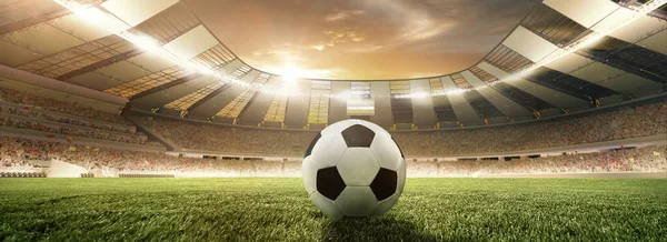 Pelota de fútbol tradicional en la hierba del campo de fútbol en el estadio con foco. Concepto de deporte, arte, energía, poder —  Fotos de Stock