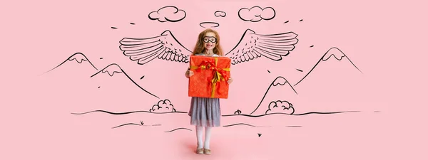 Frohe Feiertage Kunstwerk Mit Niedlichen Kind Kleines Mädchen Mit Großen — Stockfoto