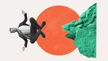 Komik meditasyon. Ofiste rüya gören genç yönetici ya da tezgahtar arka planda izole edilmiş. Çağdaş sanat kolajı. İlham, fikir, moda. Meslek, iş, reklam kavramı.