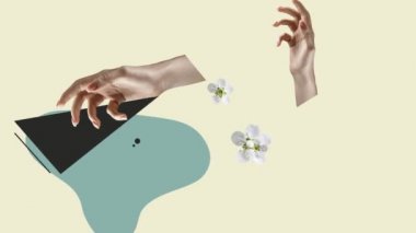 Çiçekli kadın elleri. Çağdaş sanat kolajı, modern tasarım. Ellerin estetiği. Moda renkleri. Reklamınız ya da metniniz için metin boşluğu. Gerçeküstü kavramsal poster. Hareketi durdur ve 2B animasyonu