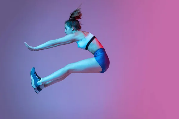 Moments Young Girl Female Athlete Training Long Jump Technique Isolated — Stock Photo, Image