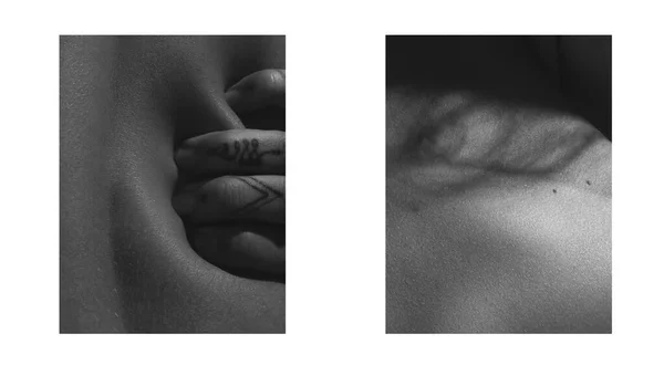 コラージュ 首に指が 女性の体の一部を閉じてください スキンケア ボディケア ヘルスケア 衛生の概念 マクロ写真 モノクローム 抽象画 — ストック写真